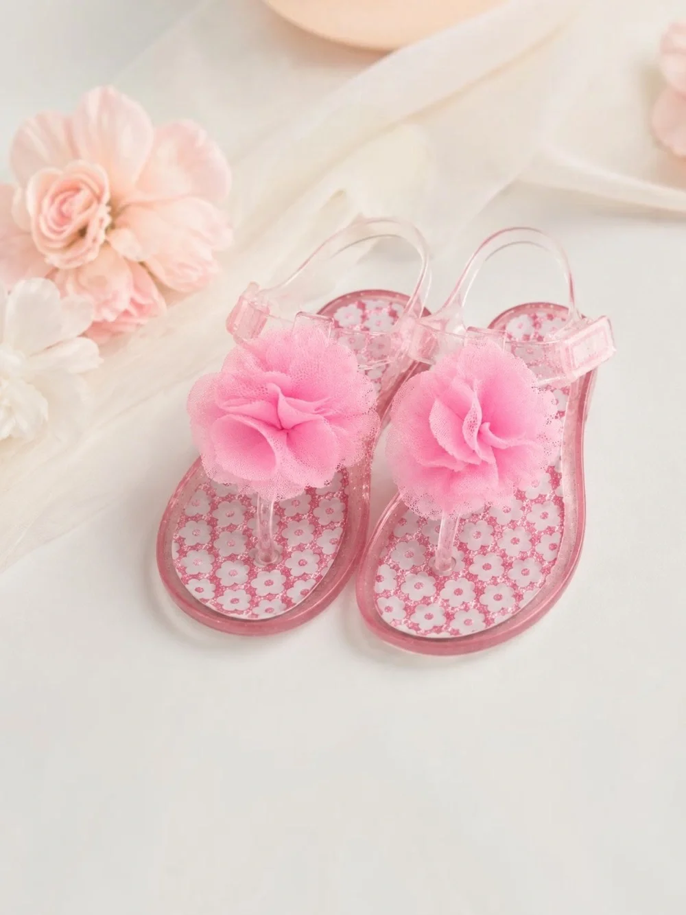 Girls Pink Glitter Jelly Sandals Flower Velcro Flip Flops Size 10